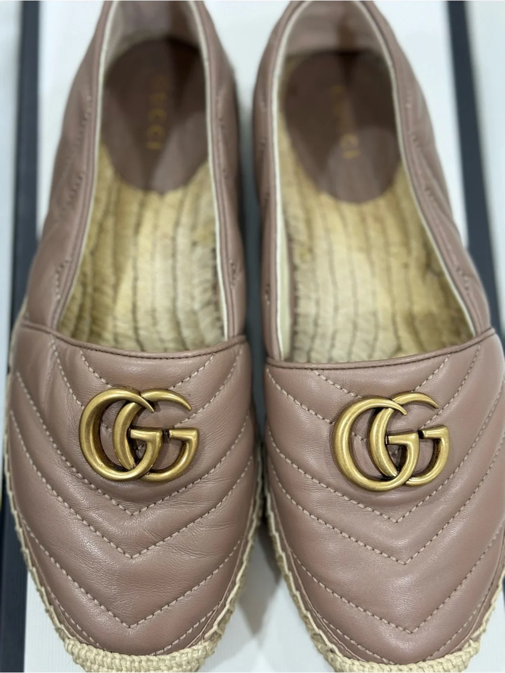 GUCCI Leather Quilted Espadrille  in Taupe with Gold Accent
